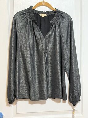 Metallic Black Ruffle-Neck Blouse Hope and Harlow Med Shimmering